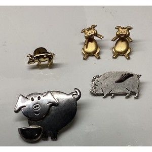 Vintage Pig Brooch & Earrings (lot of 5) Signed JJ Jonelle Jewelry & Camco